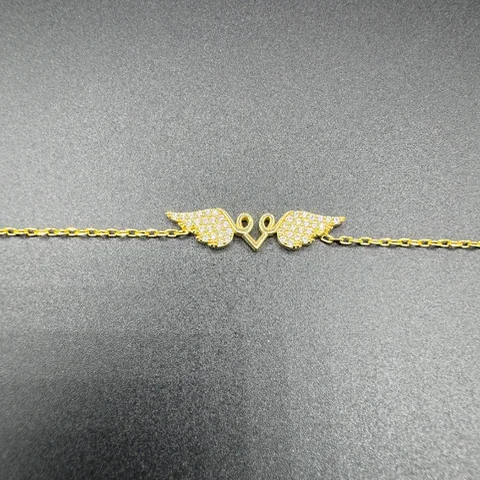 Gold Renk Kanat Detaylı Kalp Figürlü Zirkon Taşlı Bileklik
